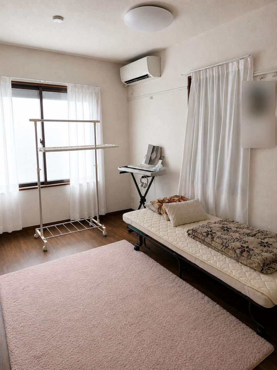 調査回答者の部屋。ベッドとキーボード、物干しラックが置かれている